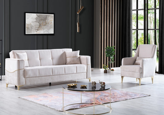 Canapé velours beige convertible avec coffre – LIVIA