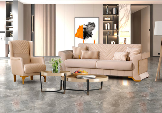 Canapé velours beige convertible coffre – REXA