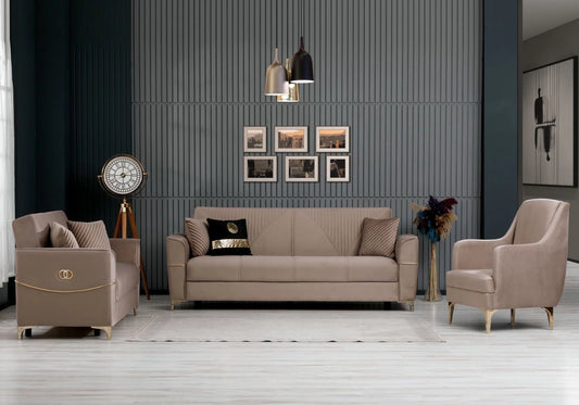 Ensemble canapés 3+2+1 taupe avec lit et coffre - PORTO