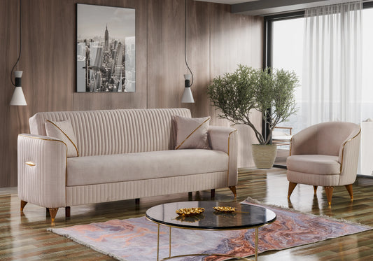 Canapé velours beige rétro convertible avec coffre – ZEBRA