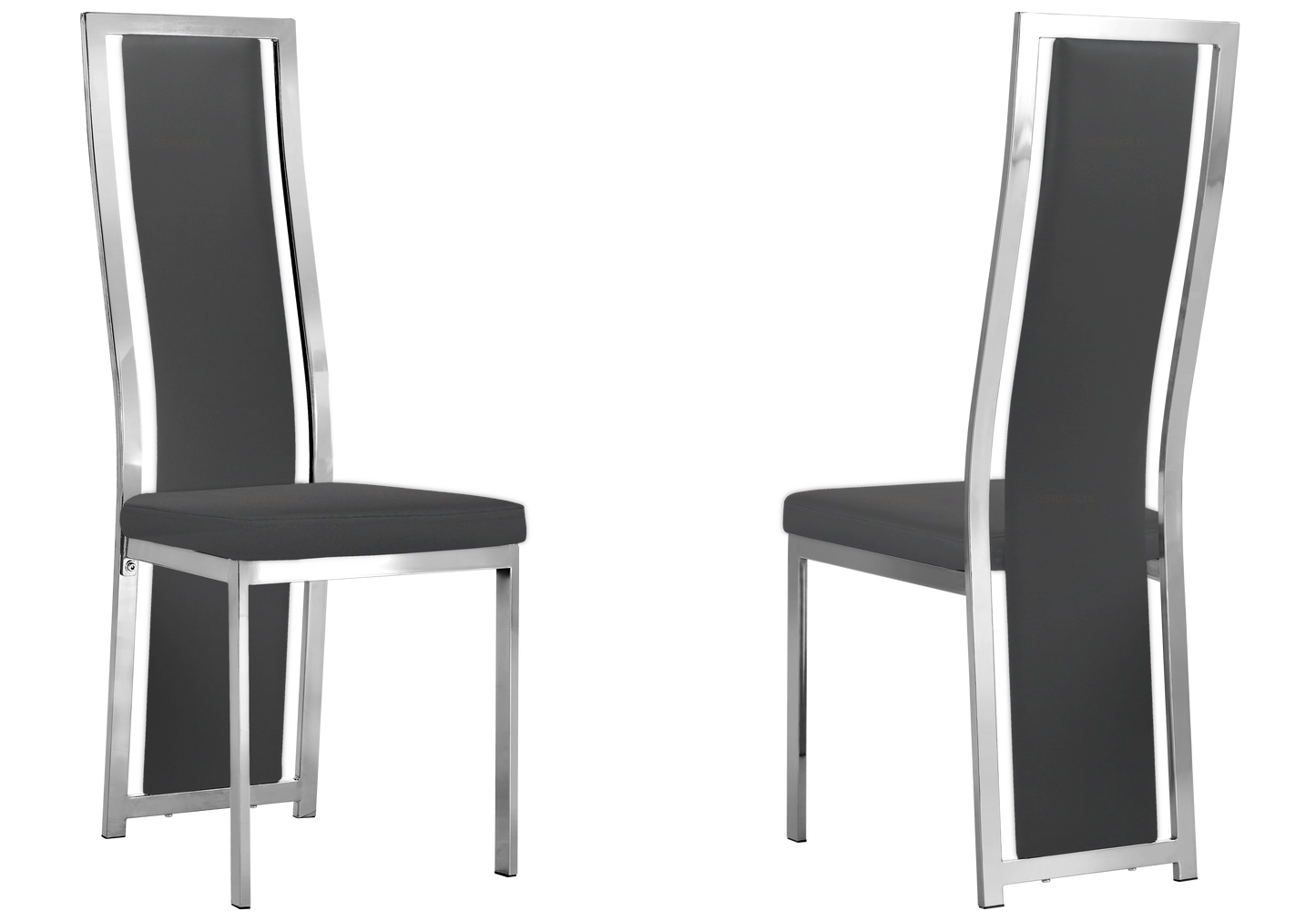 Table marbre noir et 6 chaises simili-cuir argent – Jessy