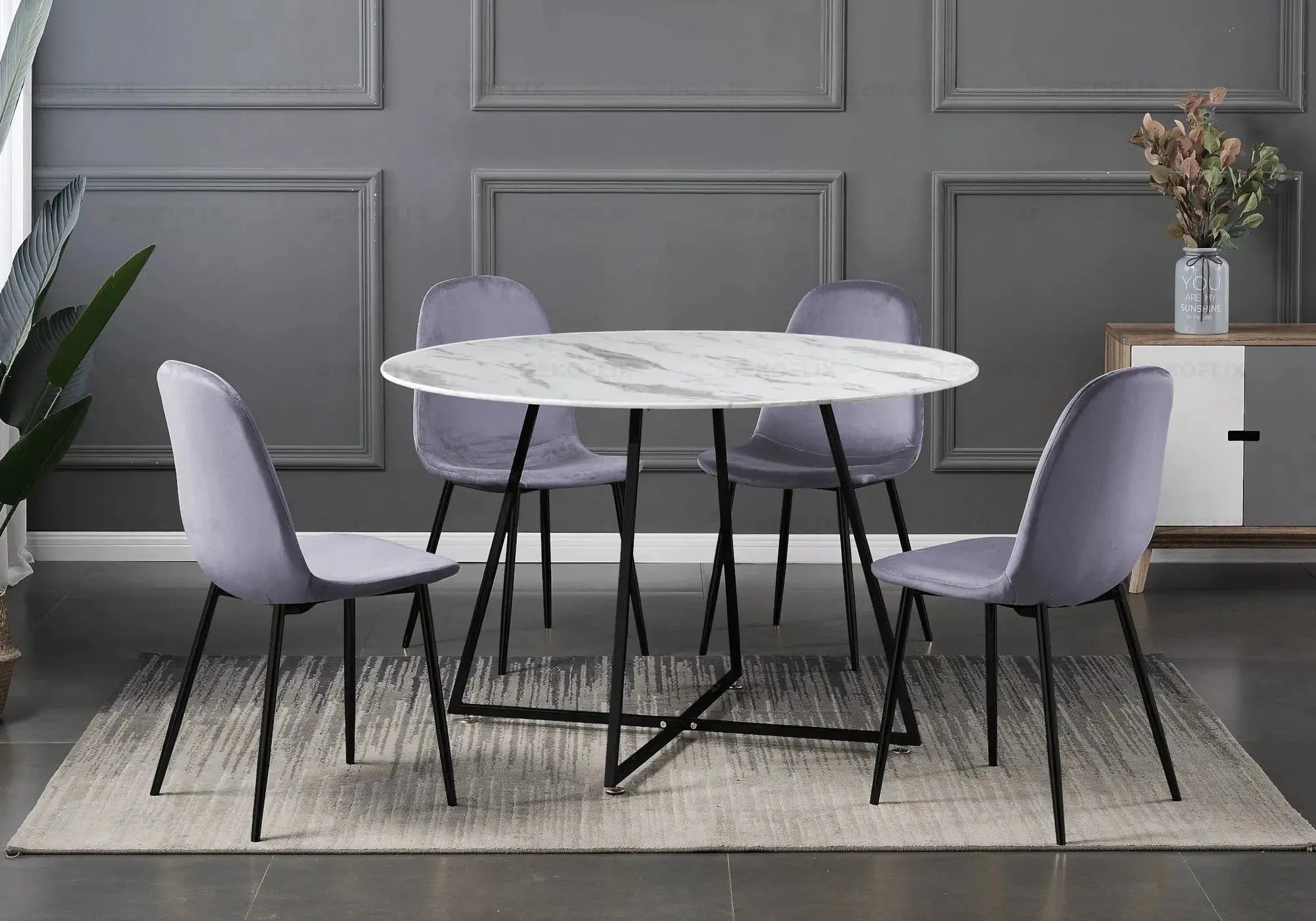 Ensemble table et chaises noires velours anthracite GINA New Design