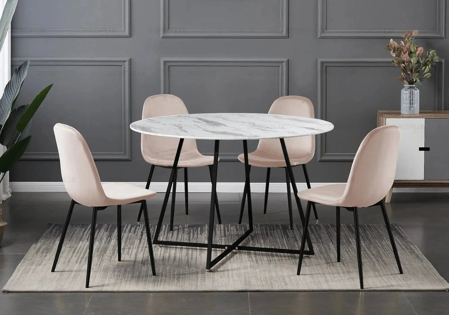 Ensemble table et chaises noires velours taupe GINA New Design