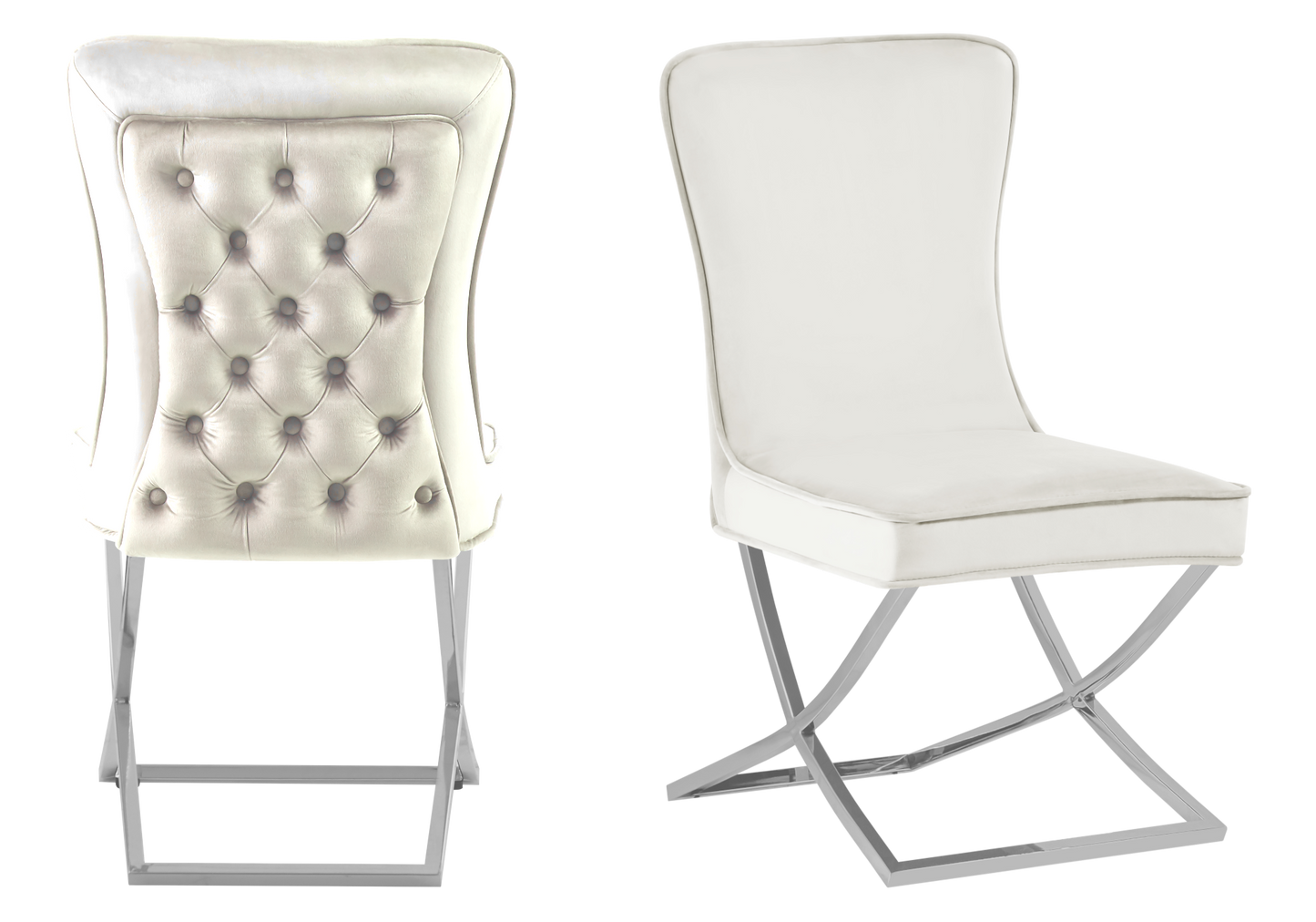 Chaise capitonnée pied croisé argent écrue – Enzo x2