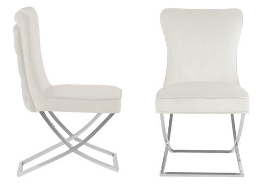 Chaise capitonnée pied croisé argent écrue – Enzo x2