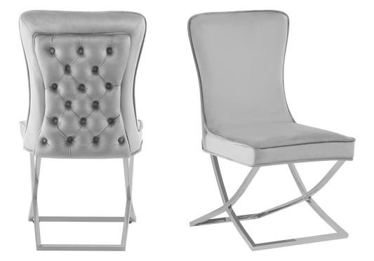 Chaise capitonnée pied croisé argent grise – Enzo x2