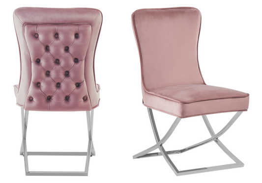 Chaise capitonnée pied croisé argent rose – Enzo x2