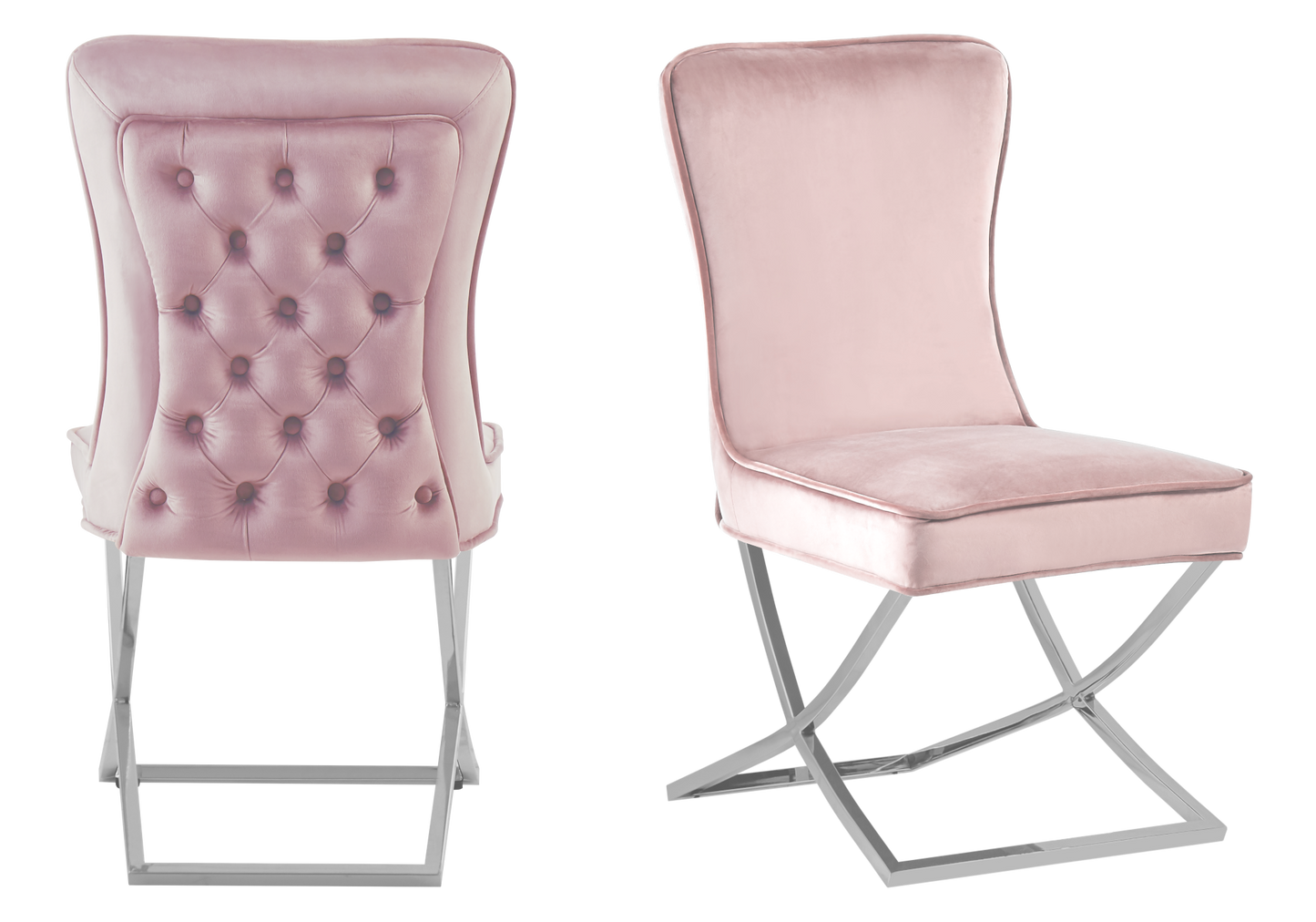 Chaise capitonnée pied croisé argent rose poudré – Enzo x2