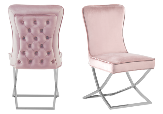 Chaise capitonnée pied croisé argent rose poudré – Enzo x2