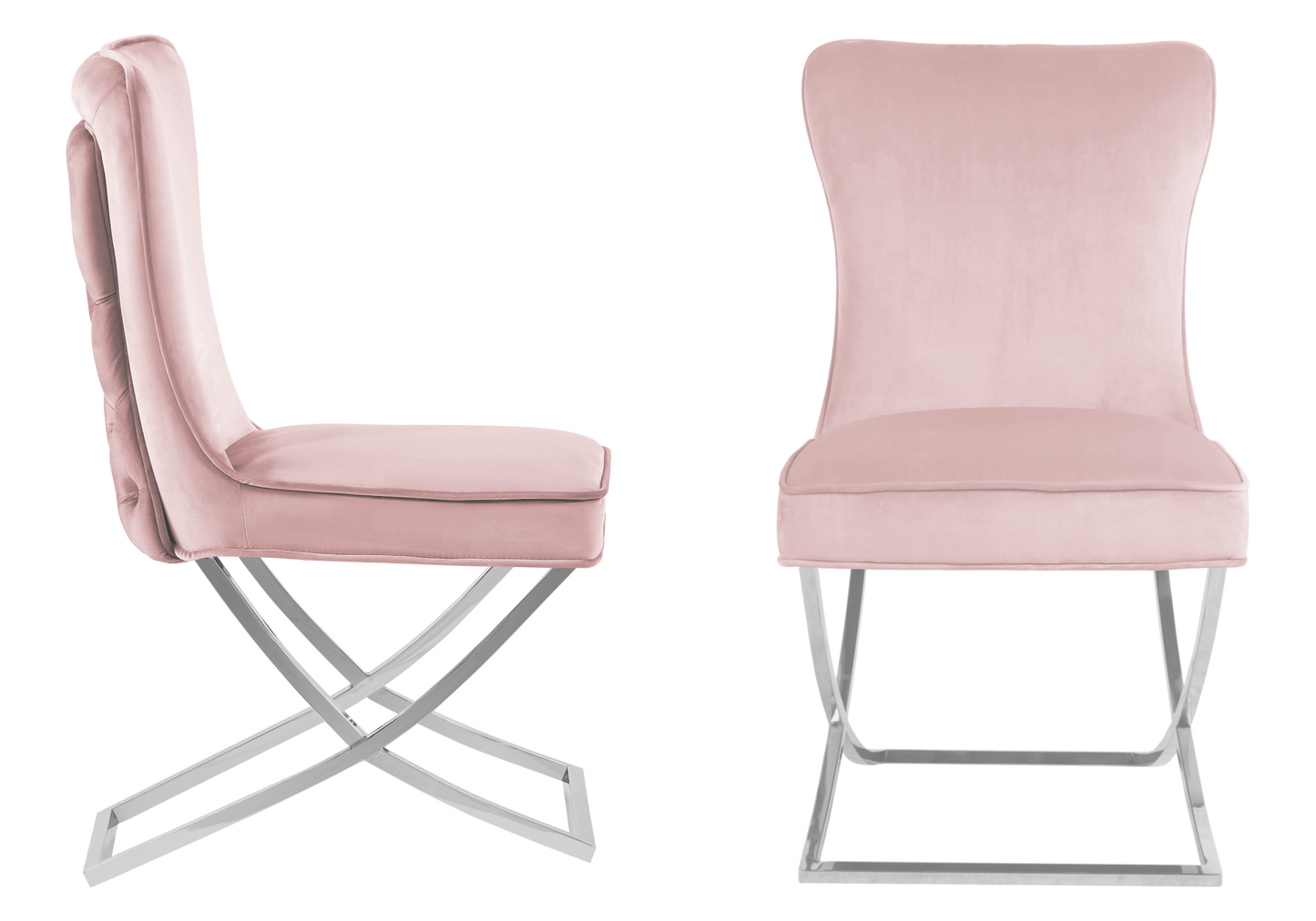 Chaise capitonnée pied croisé argent rose poudré – Enzo x2