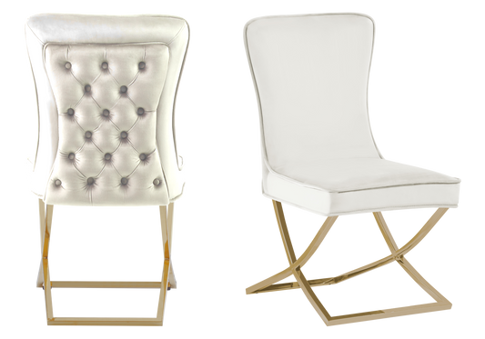 Chaise capitonnée pied croisé doré écrue – Enzo x2