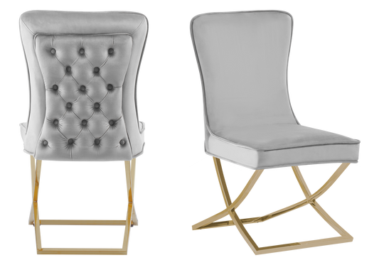 Chaise capitonnée pied croisé doré grise – Enzo x2