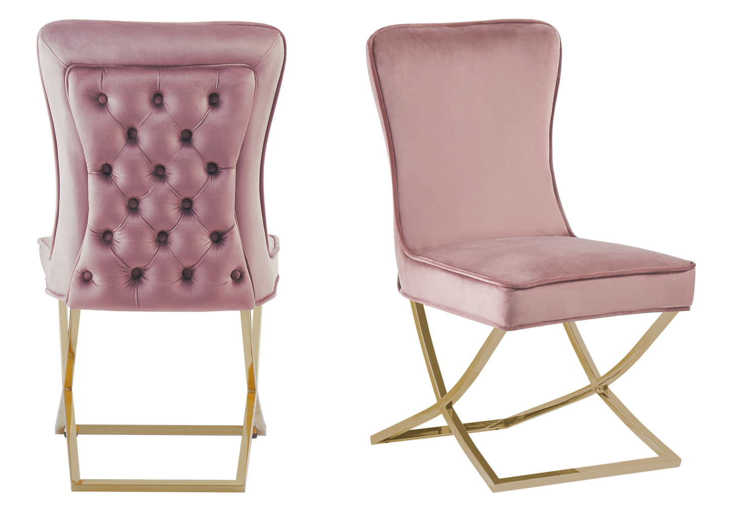 Chaise capitonnée pied croisé doré rose – Enzo x2