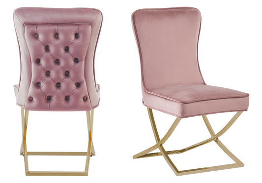 Chaise capitonnée pied croisé doré rose – Enzo x2