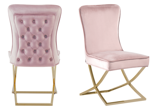 Chaise capitonnée pied croisé doré rose poudré – Enzo x2