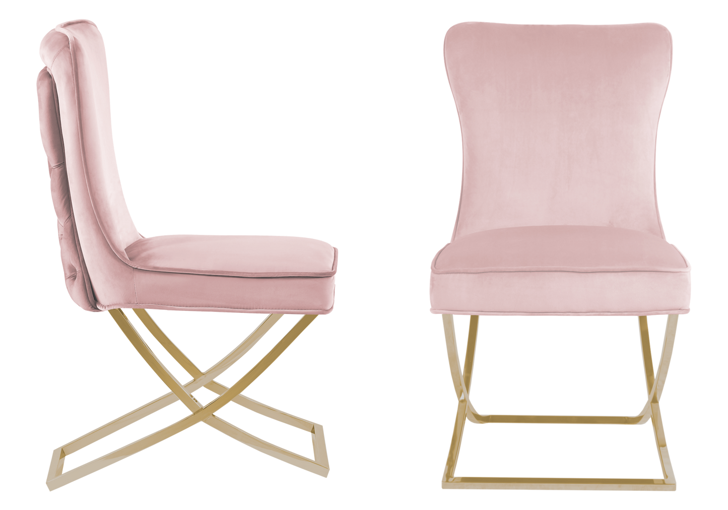 Chaise capitonnée pied croisé doré rose poudré – Enzo x2