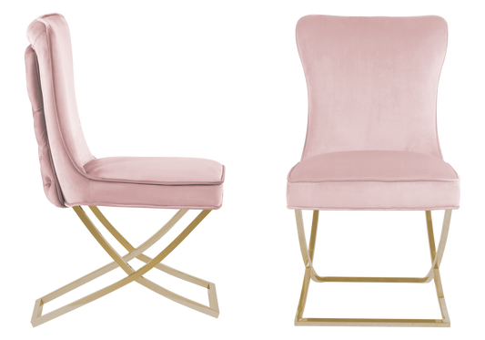 Chaise capitonnée pied croisé doré rose poudré – Enzo x2