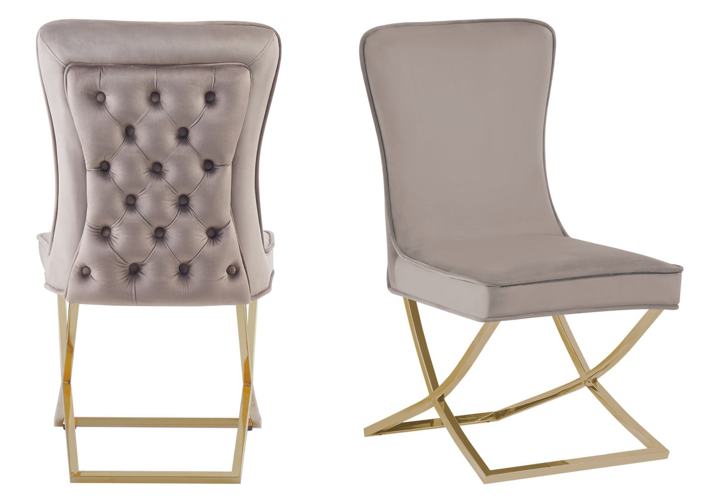 Chaise capitonnée pied croisé doré taupe – Enzo x2
