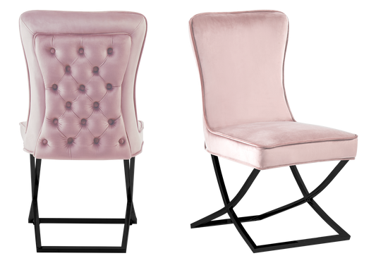 Chaise capitonnée pied croisé noir rose poudré – Enzo x2