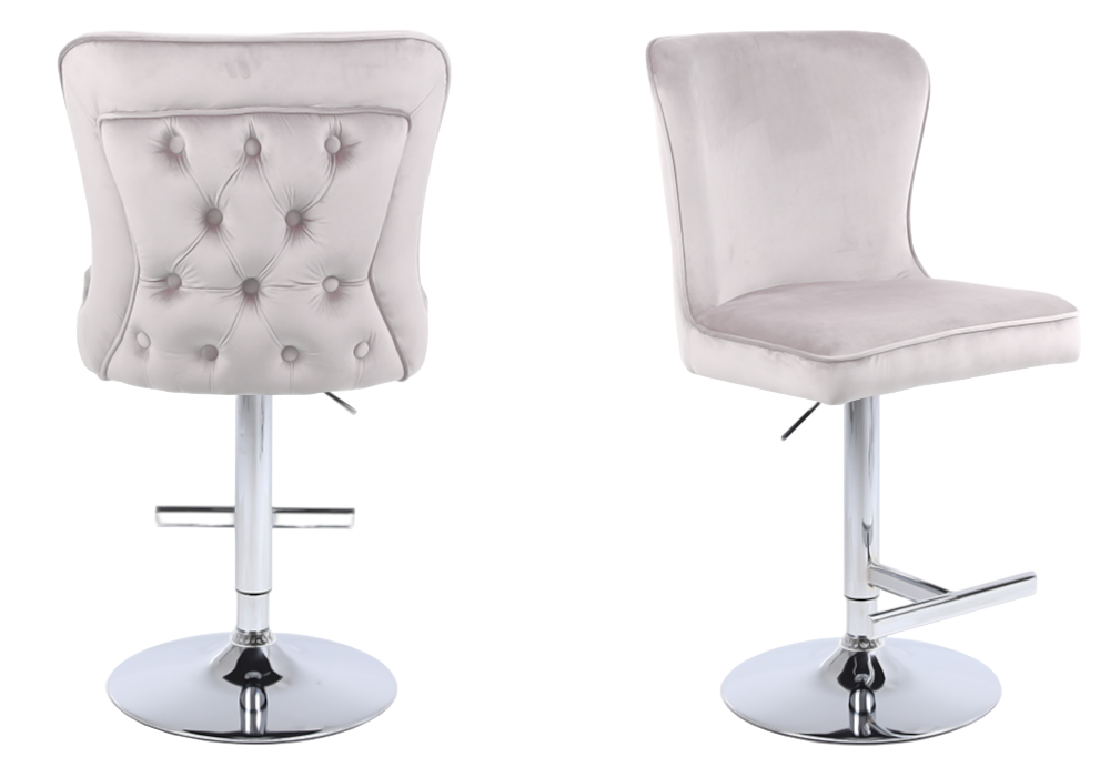 Chaise de bar capitonnée velours beige argent – Enzo x2