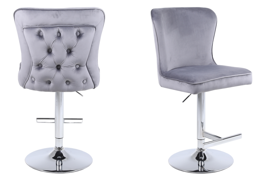 Chaise de bar capitonnée velours gris argent – Enzo x2