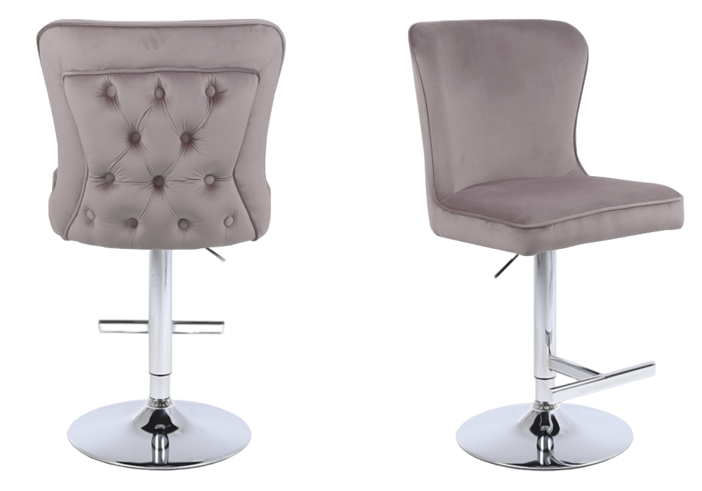 Chaise de bar capitonnée velours taupe argent – Enzo x2