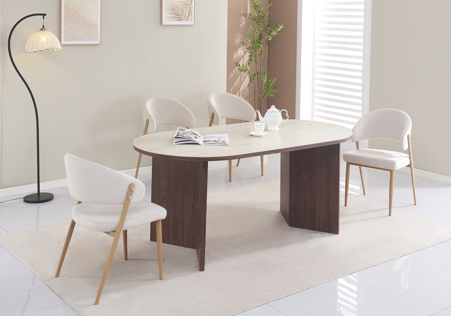 Chaise de table velours beige pieds bois clair - Alba x4