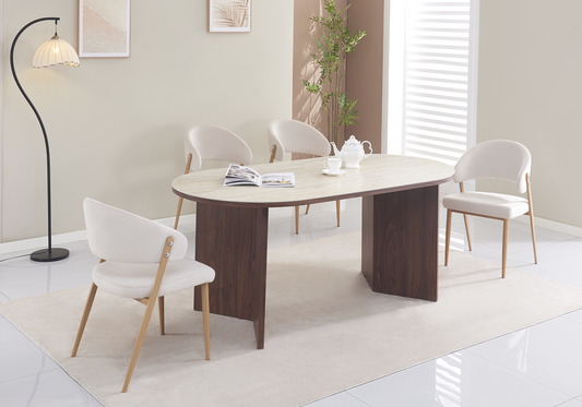 Chaise de table velours beige pieds bois clair - Alba x4