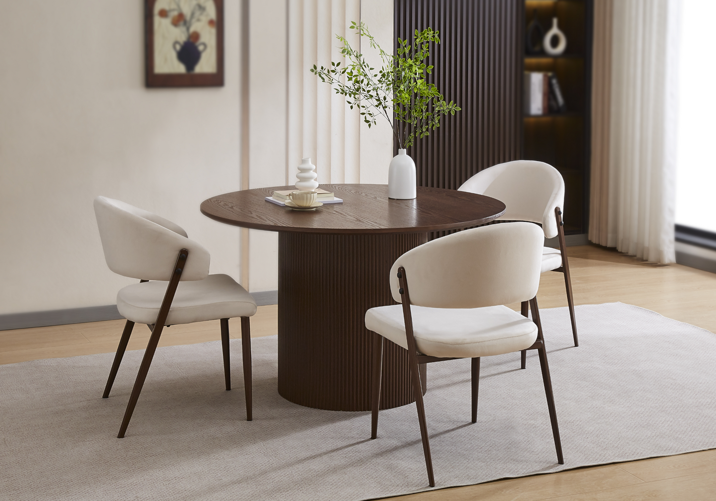 Chaise de table velours beige pieds noyer - Alba x4