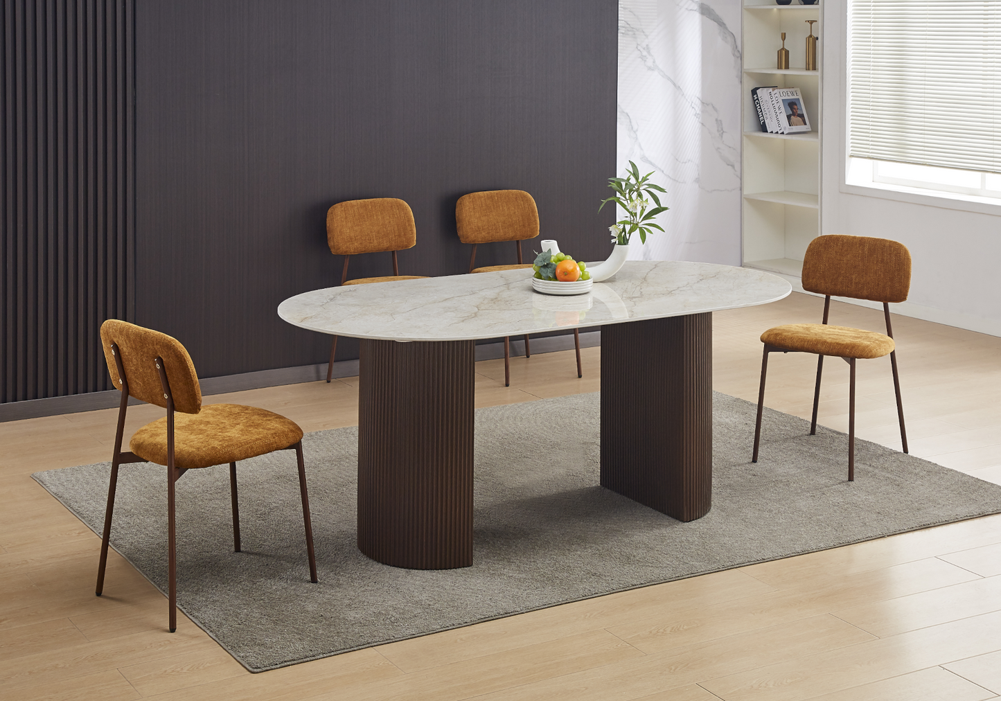 Chaise salle à manger tissu moutarde pieds noyer - Vika x4
