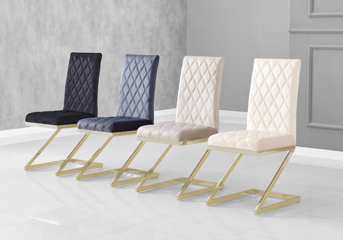 Chaise velours beige pied en Z doré – Zelia x6