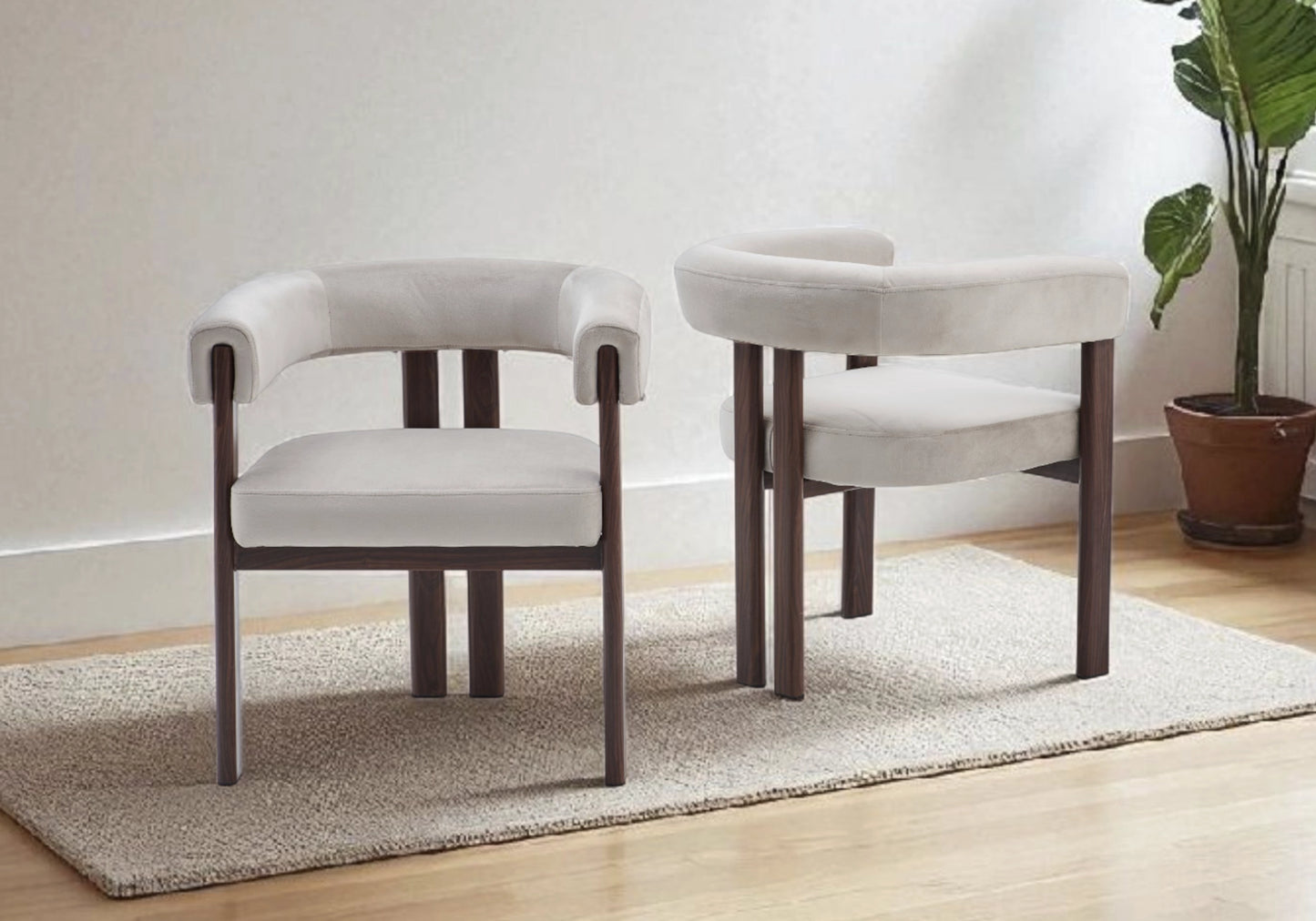 Chaise velours taupe arrondie pied noyer - LIVO