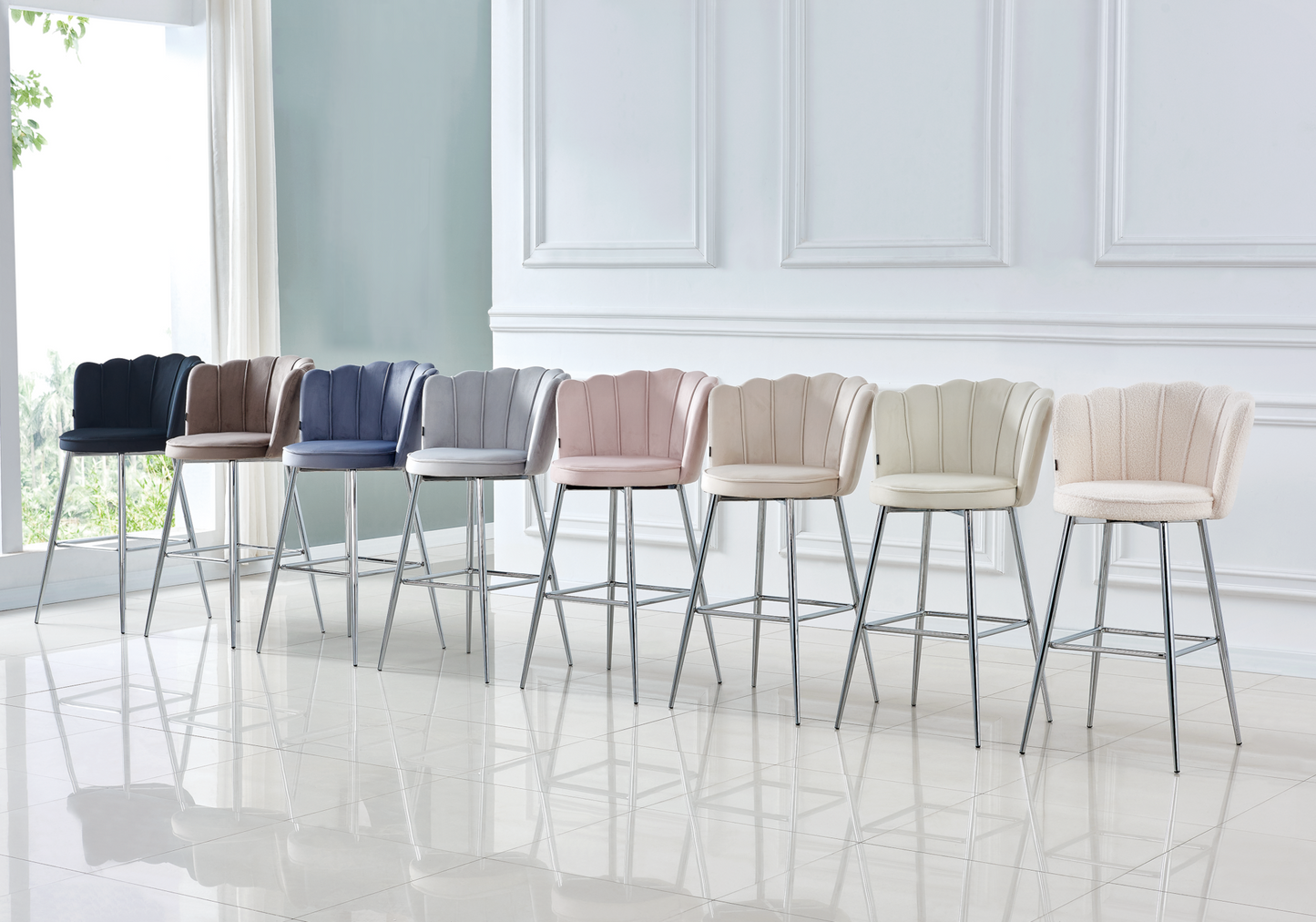 Chaise de bar design coquillage velours beige - Nymea x2
