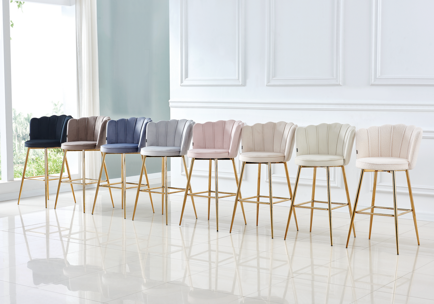 Chaise de bar design coquillage velours beige - Nymea x2