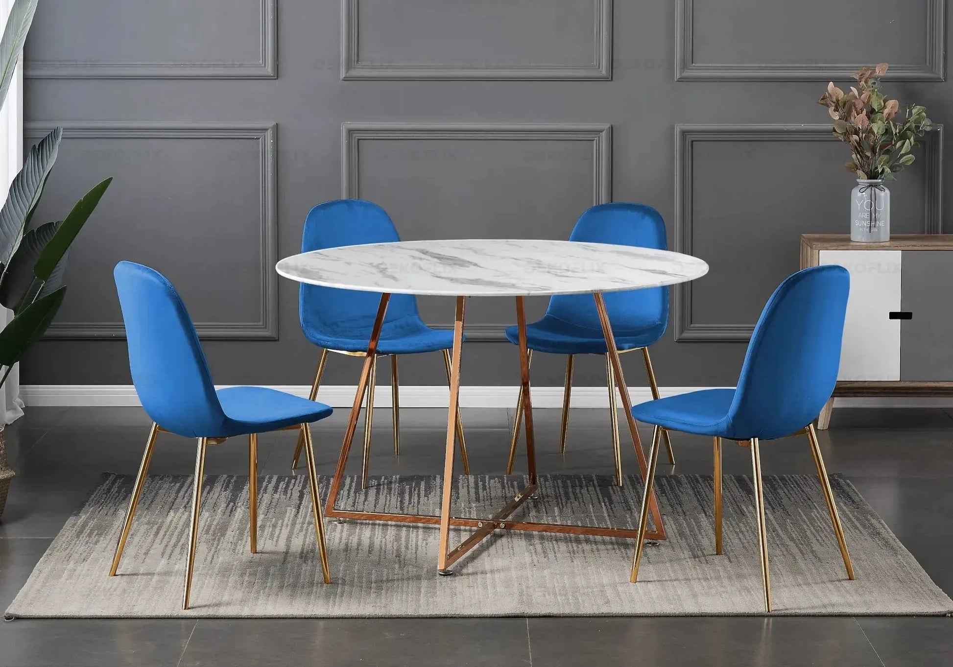 Ensemble table et chaises laiton velours bleu GINA New Design