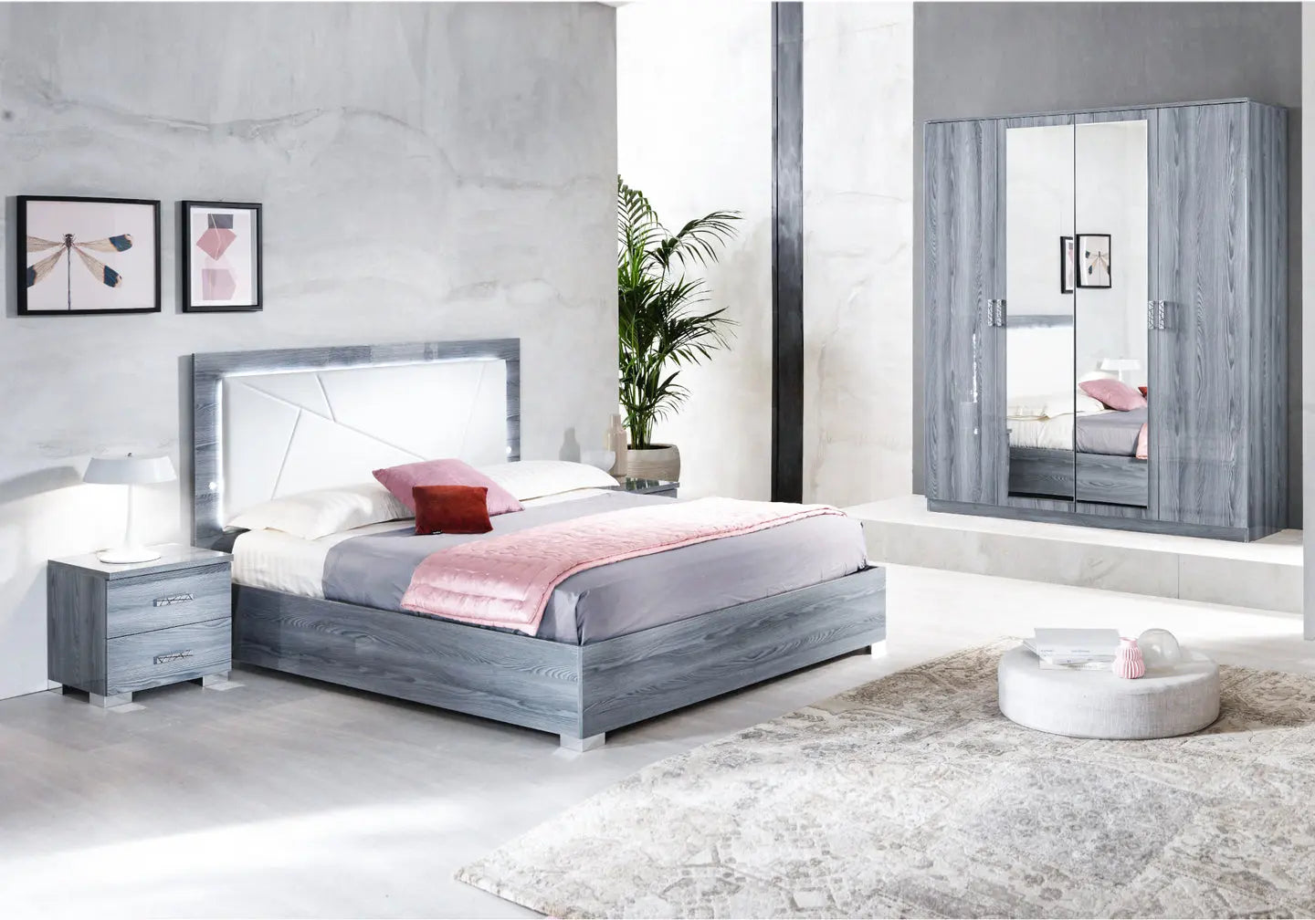 Chambre complète capitonnée laquée gris OZZİE Made in Italy