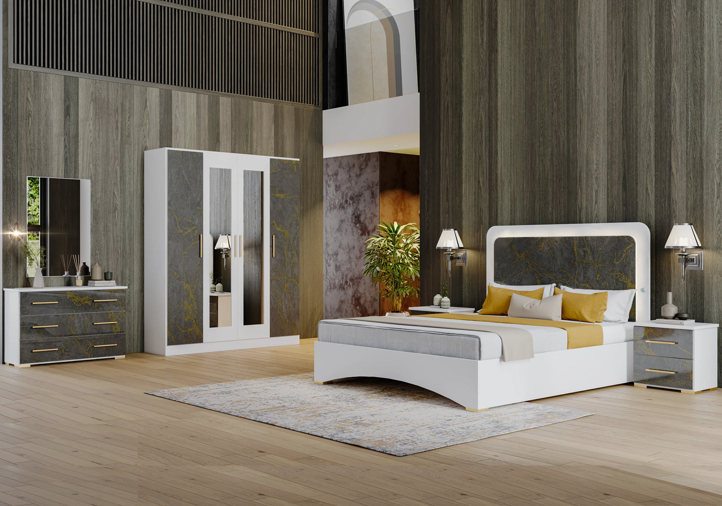 Chambre complète marbre gris doré LED – AMIRA
