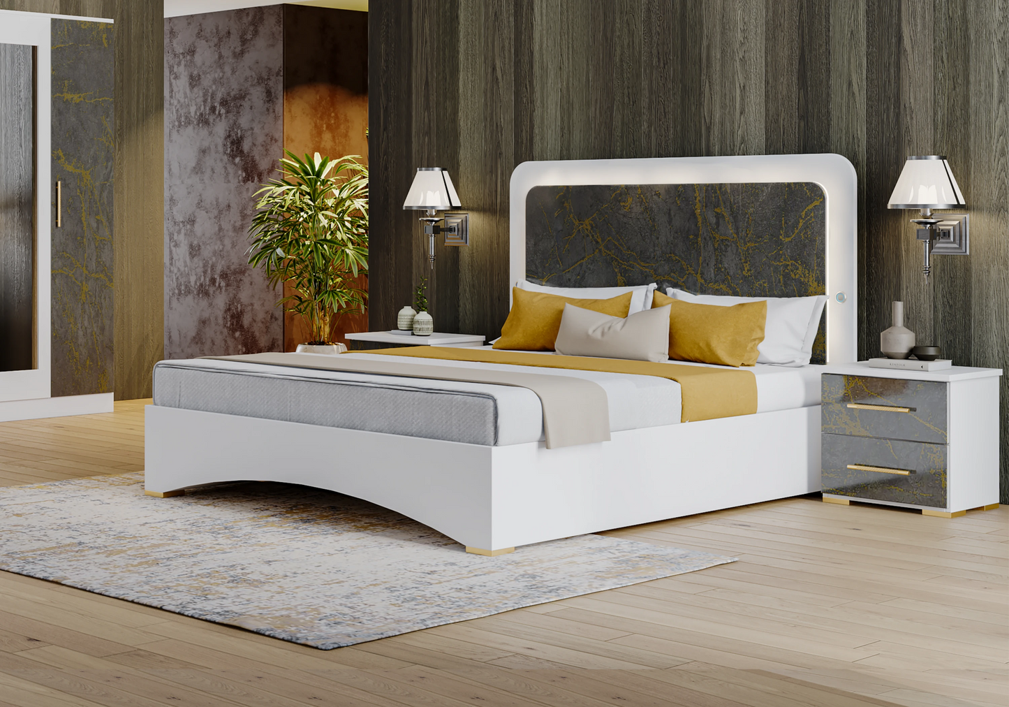 Chambre complète marbre gris doré LED – AMIRA