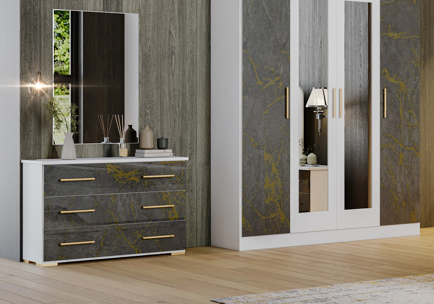 Chambre complète marbre gris doré LED – AMIRA