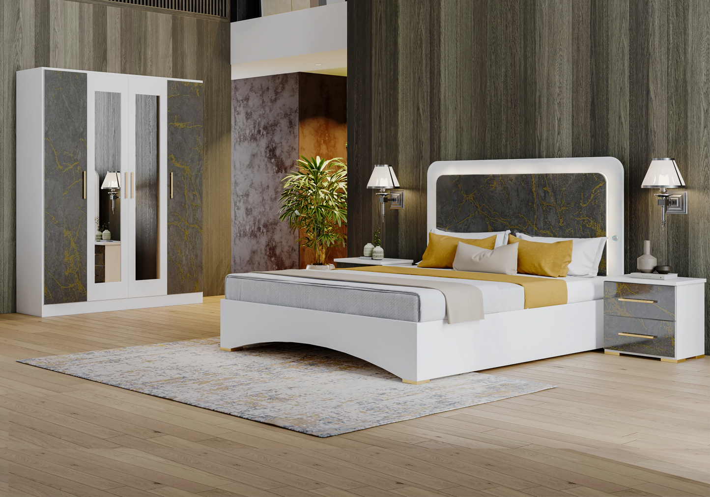 Chambre complète marbre gris doré LED – AMIRA