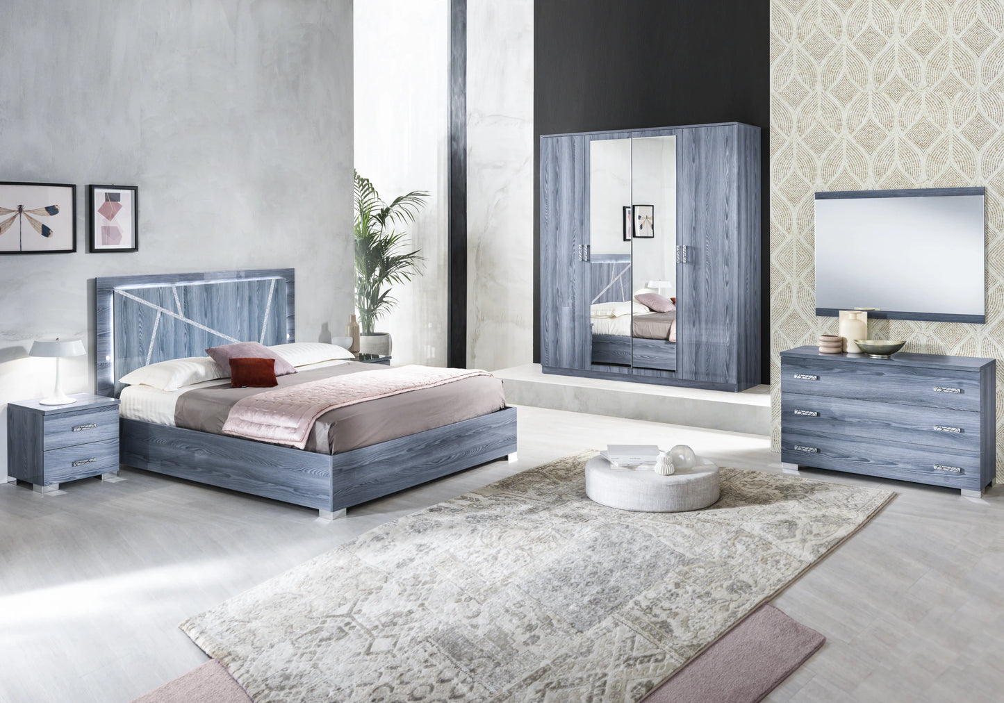 Chambre complète bois gris laqué design - ORION