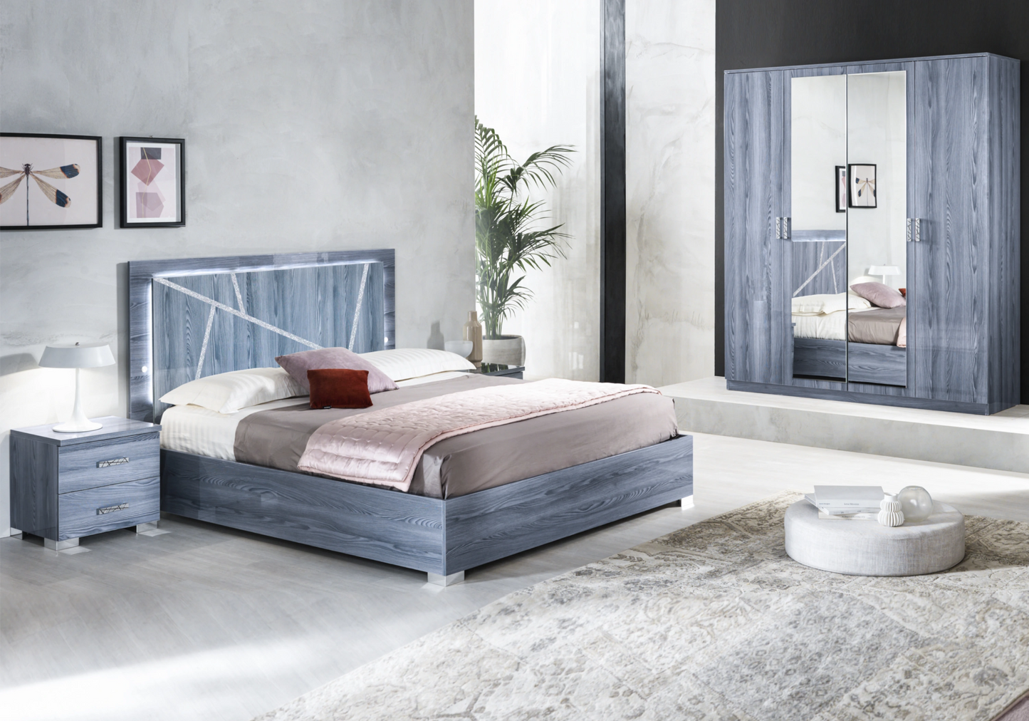 Chambre complète bois gris laqué design - ORION