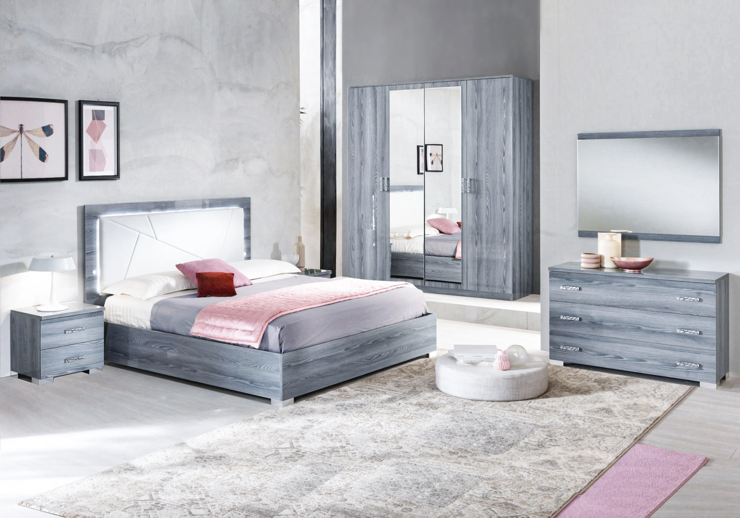 Chambre complète gris laqué capitonnée LED - ORION