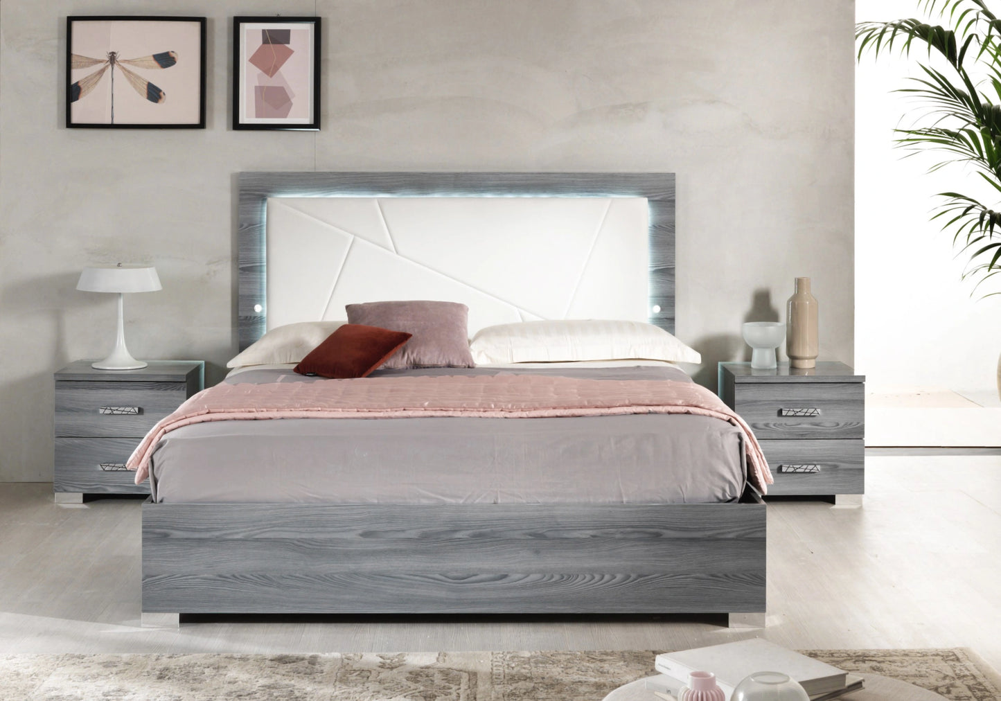 Chambre complète gris laqué capitonnée LED - ORION