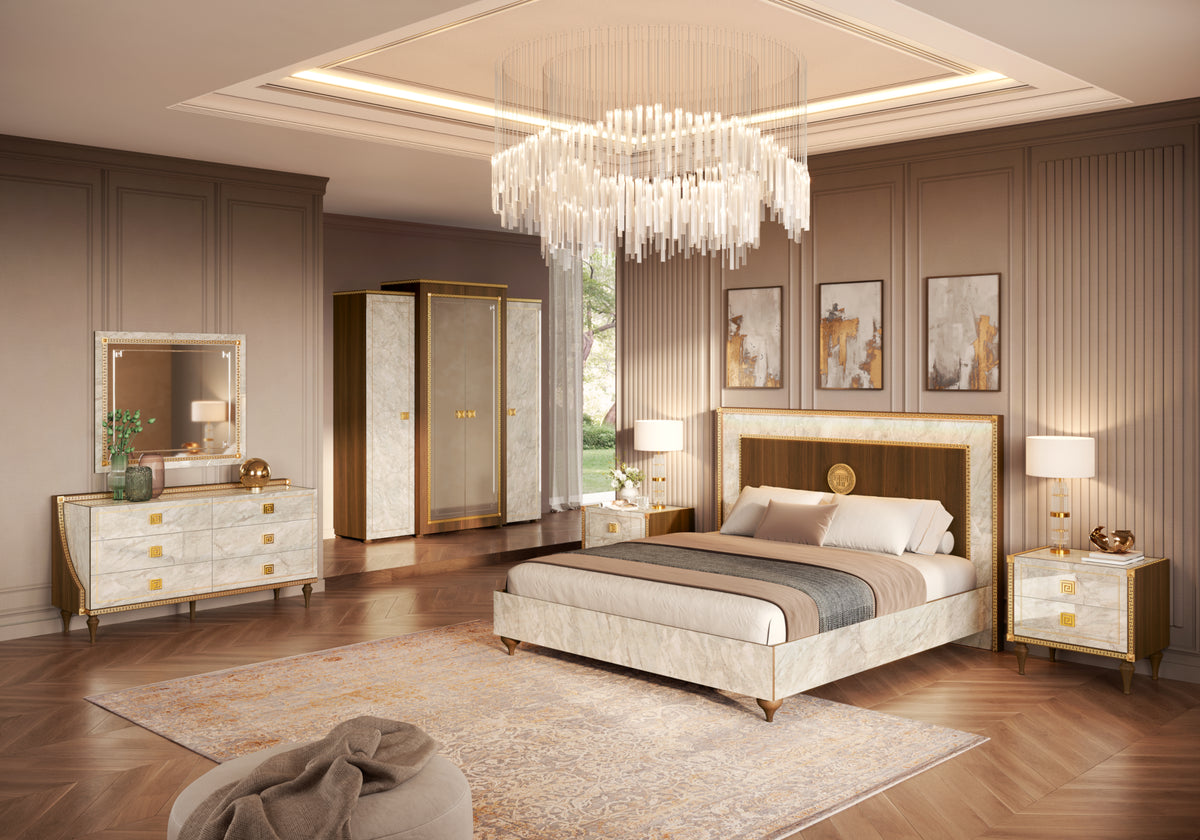 Commode 6 tiroirs marbre noyer et or 24K - Romantica