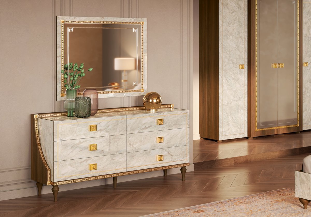 Commode 6 tiroirs marbre noyer et or 24K - Romantica