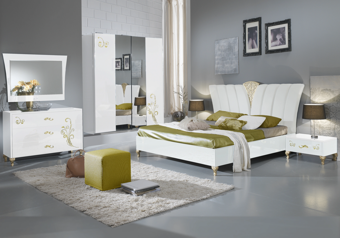 Chambre complète baroque laquée blanc doré - ROSA