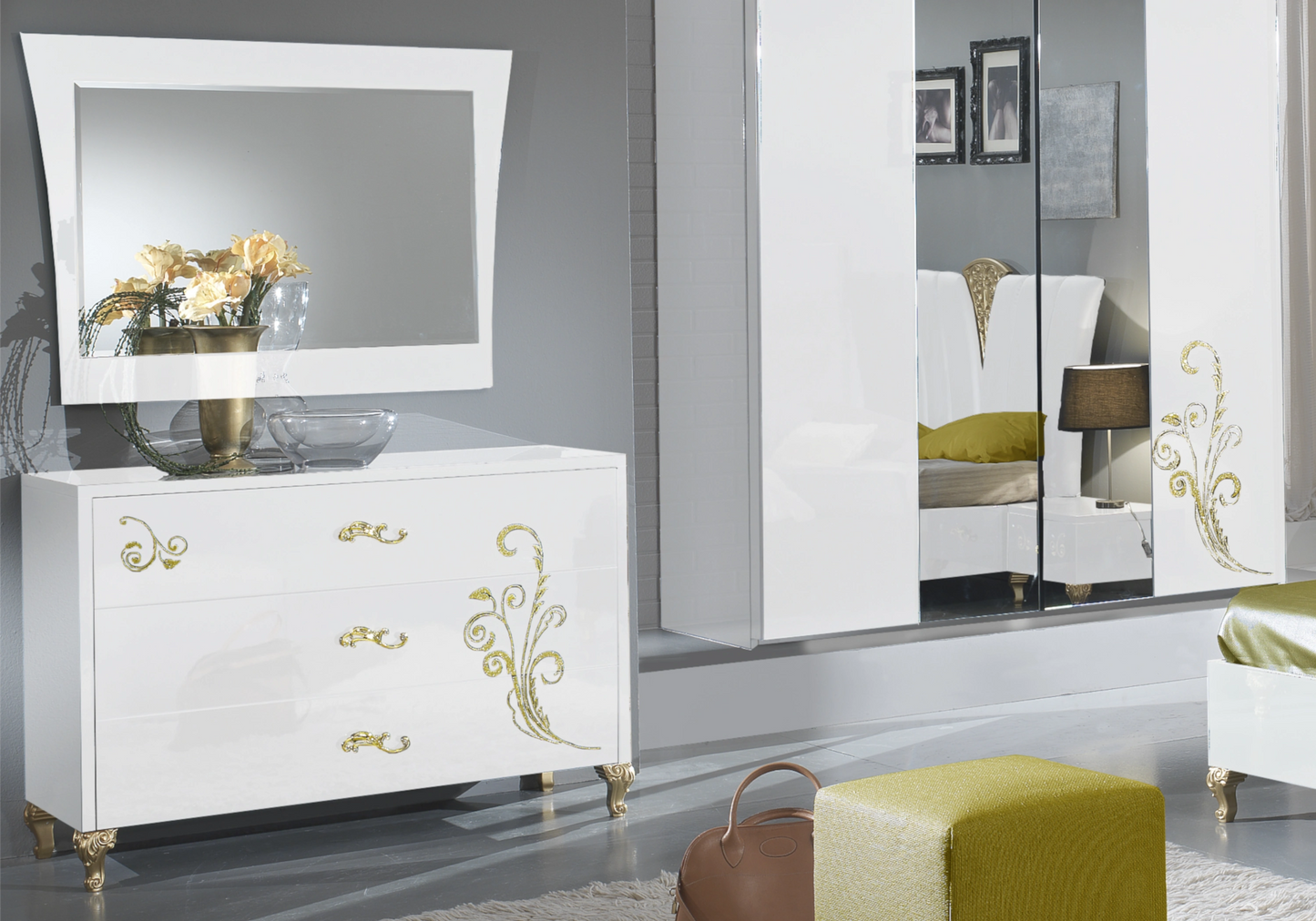 Chambre complète baroque laquée blanc doré - ROSA