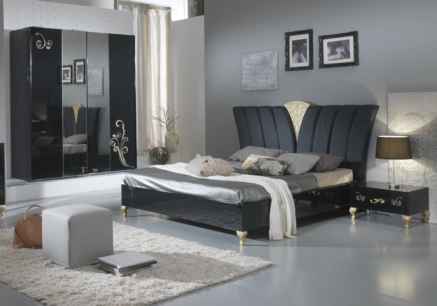 Chambre complète baroque laquée noir doré - ROSA
