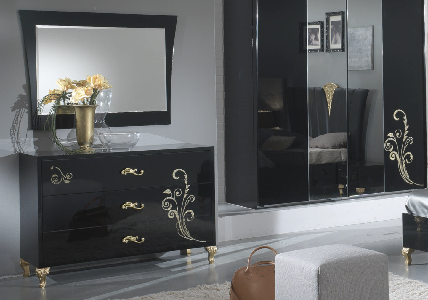 Chambre complète baroque laquée noir doré - ROSA